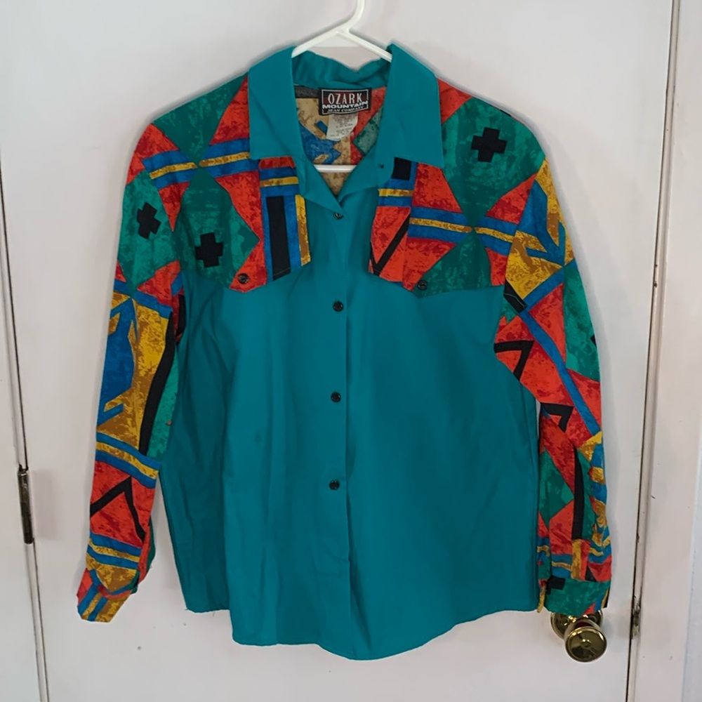 Vintage Ozark Mountain Jean Company teal western southwestern shirt Size Medium